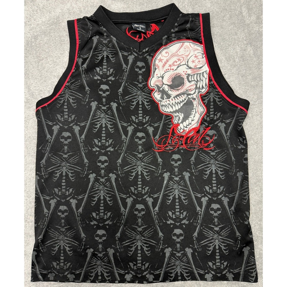 Vintage So Cal Jersey Tank Mens L Black Skeleton Sugar Skull Mesh Sleeveless Y2K